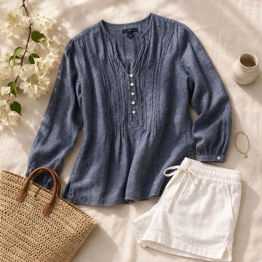 Gap Chambray Peasant Top Pintuck Cotton Blouse Blue Boho Coastal Medium Shirt